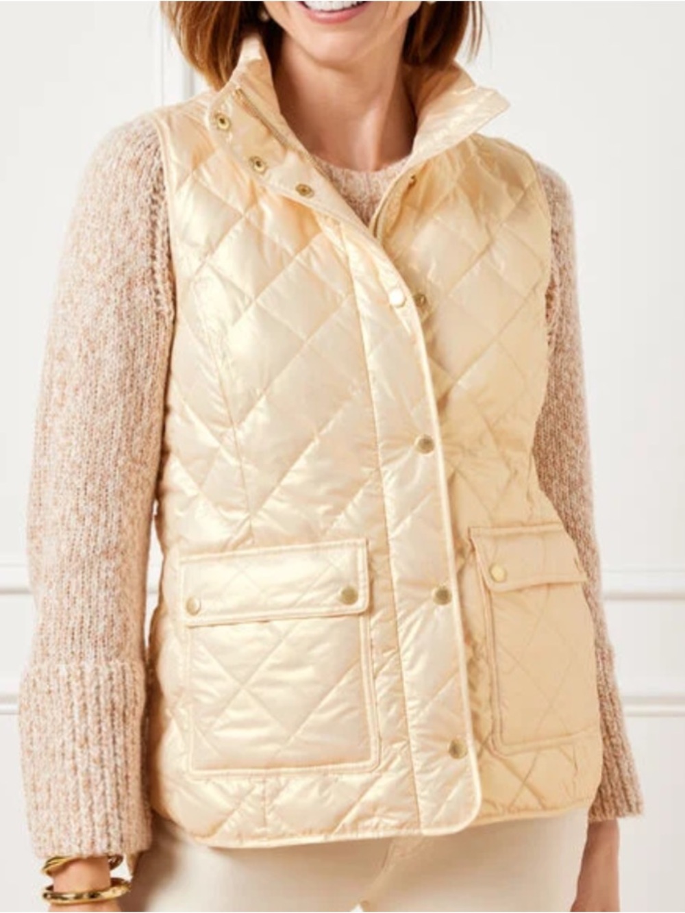 Talbots Women XL Cream Full Zip Pearlized Quilted Down Puffer Vest NWOT